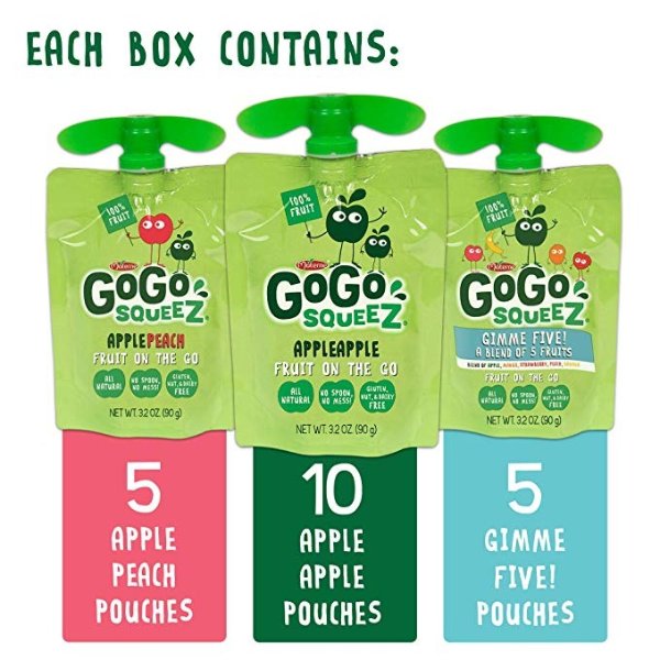 Applesauce on the Go, Variety Pack (Apple Apple/Apple Peach/Apple GIMME 5), 3.2 Ounce (20 Pouches), Gluten Free, Vegan Friendly, Healthy Snacks, Unsweetened, Recloseable, BPA Free Pouches