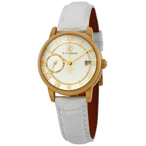 Date-Day White Dial White Leather Ladies Watch