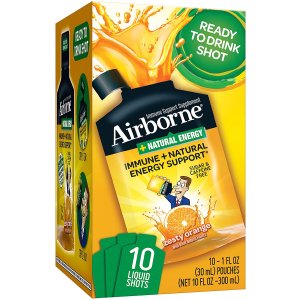 Airborne Vitamin C + Natural Energy Ready to Drink Zesty Orange Shots, Airborne (10 Count of 1 fl oz Shots)