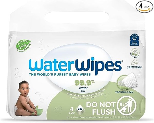 Plastic-Free Textured Clean, Toddler & Baby Wipes, 99.9% Water Based Wipes, Unscented & Hypoallergenic for Sensitive Skin, 240 Count (4 packs), Packaging May Vary