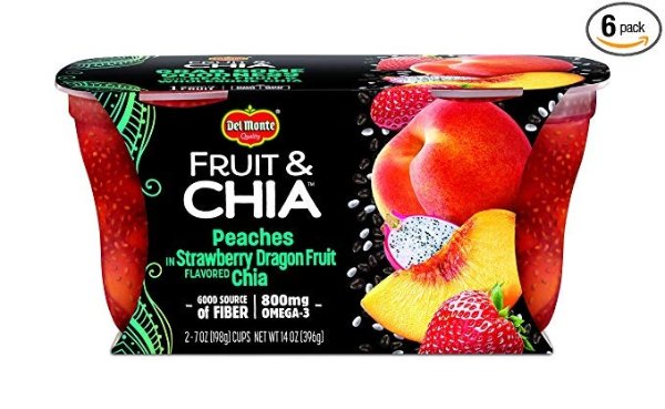 Del Monte Fruit & Chia Snack Cups, Peaches in Strawberry Dragon Fruit Flavored Chia, 7-Ounce Cups, 6-Pack of 2-Count Boxes (12 Cups Total)