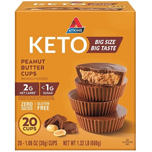 Keto Peanut Butter Cups, Naturally Flavored, Zero Grams Added Sugar, Gluten Free, 20 Count