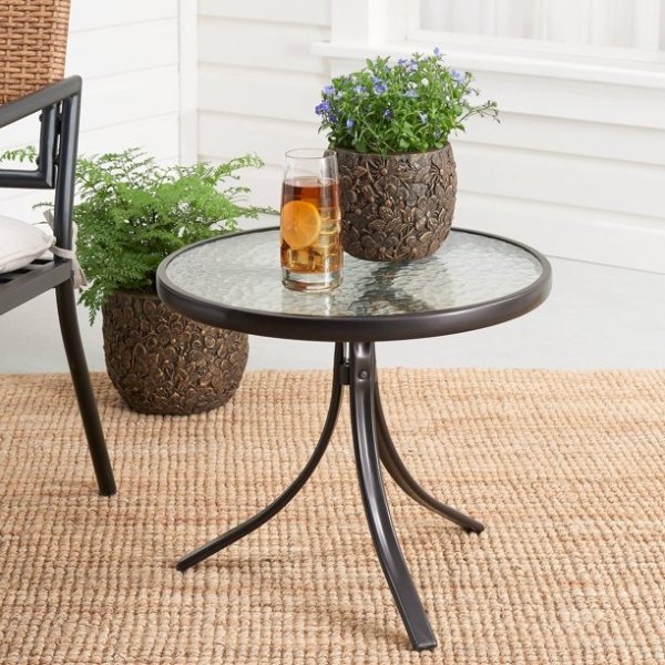 Round Glass Side Table, 20" D x 17.5”H, Dark Brown Finish