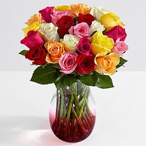 Two Dozen Colorful Roses with Red Ombre Vase