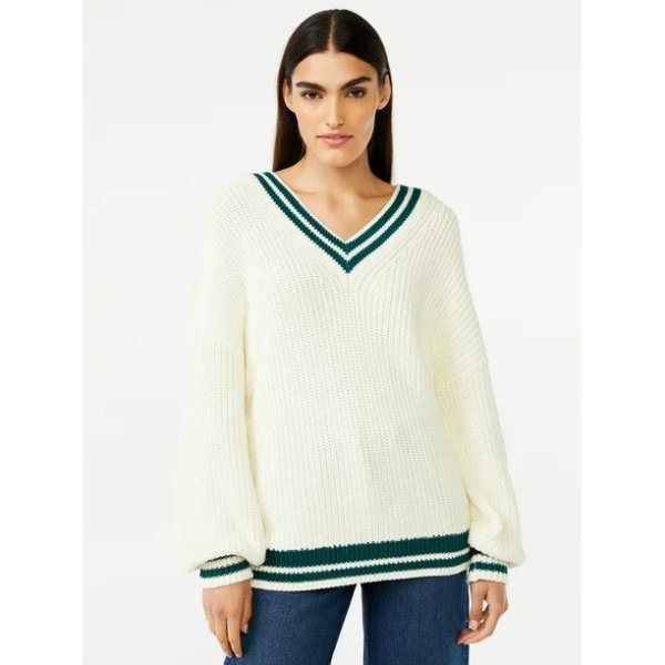 Free Assembly Women's Wide V-Neck Sweater with Long Sleeves