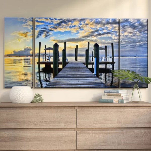 'Pier Burst' Wrapped on Photographic Print Multi-Piece Image Canvas in Blue/Yellow