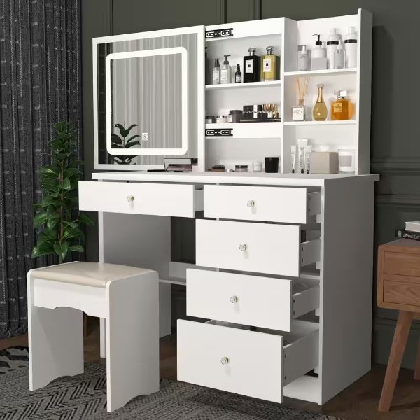 5-Drawers White Wood LED Push-Pull Mirror Makeup Vanity Sets Dressing Table Sets with Stool and 3-Tier Storage Shelves