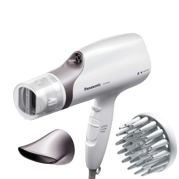 Nanoe Salon Hair Dryer with Oscillating QuickDry Nozzle, Diffuser and Concentrator Attachments, 3 Speed Heat Settings for Easy Styling and Healthy Hair - EH-NA67-W (White)