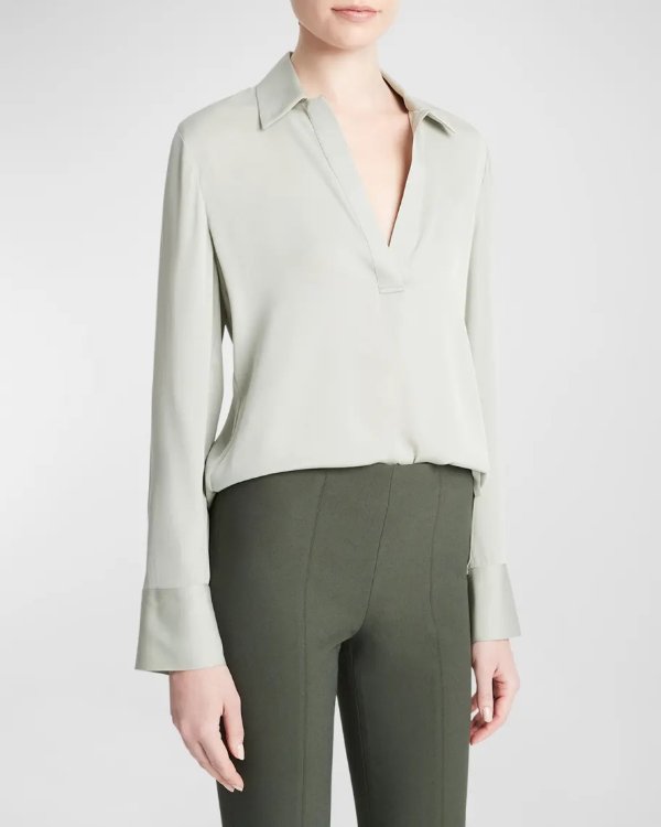Long-Sleeve Silk Pullover Polo Top