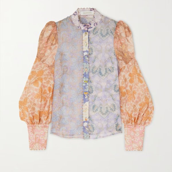 Kaleidoscope embellished paneled floral-print linen and silk-blend blouse