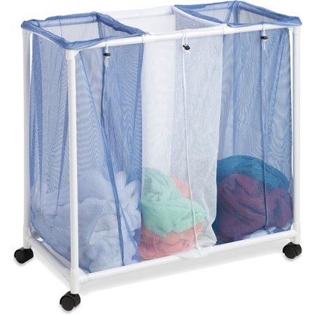 Honey Can Do Rolling Laundry Sorter with 3 Nylon Mesh Bags, White/Blue