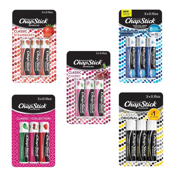 Classic Collection Flavored Lip Balm Tubes Pack, Lip Moisturizer - 0.15 Oz (Box of 5 Packs of 3)