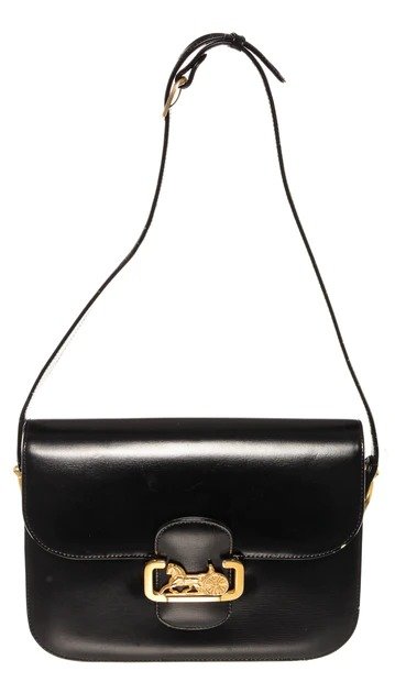 Vintage Black Leather Horse Carriage Box Shoulder Bag