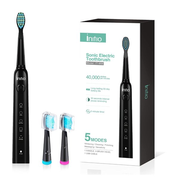 Initio Sonic Electric Toothbrush for Adults, Rechargeable Toothbrush with Smart Timer, 5 Modes, 3 Brush Heads