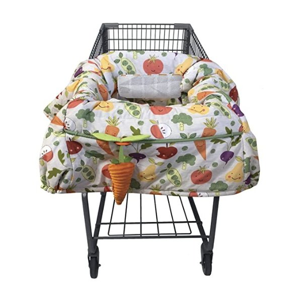 Shopping Cart and High Chair Cover, Multi-color Farmers Market Veggies, with Changeable SlideLine Carrot Toy, Plush Comfort with 2-point Safety Belt, Wipeable and Machine Washable, 6-48 Months