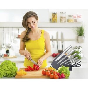 Chefs Basic Master 7 Piece Stainless Steel Knife Set with Compact Knife Block