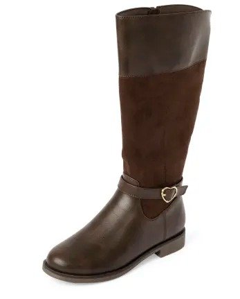 Girls Faux Suede Heart Buckle Tall Boots | The Children's Place - DK BROWN