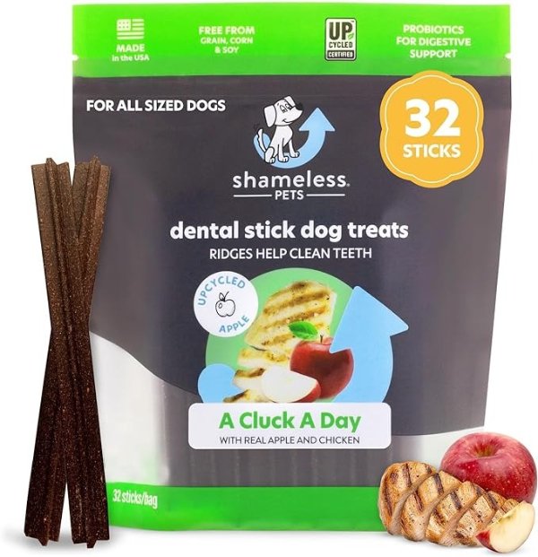 Shameless Pets Dental Treats for Dogs, A Cluck A Day (32 Sticks) - Dental Sticks with Digestive Support for Teeth Cleaning & Fresh Breath - Dog Bones Dental Chews Free from Grain, Corn & Soy