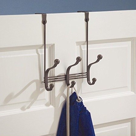InterDesign York Lyra Over Door Storage Rack - Organizer Hooks for Coats, Hats, Robes, Clothes or Towels – 3 Dual Hooks, Bronze