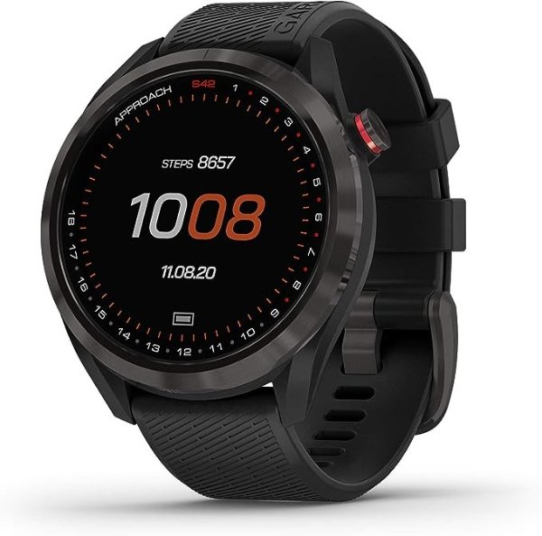 Approach S42, GPS Golf Smartwatch, Lightweight with 1.2" Touchscreen, 42k+ Preloaded Courses, Gunmetal Ceramic Bezel and Black Silicone Band, 010-02572-10