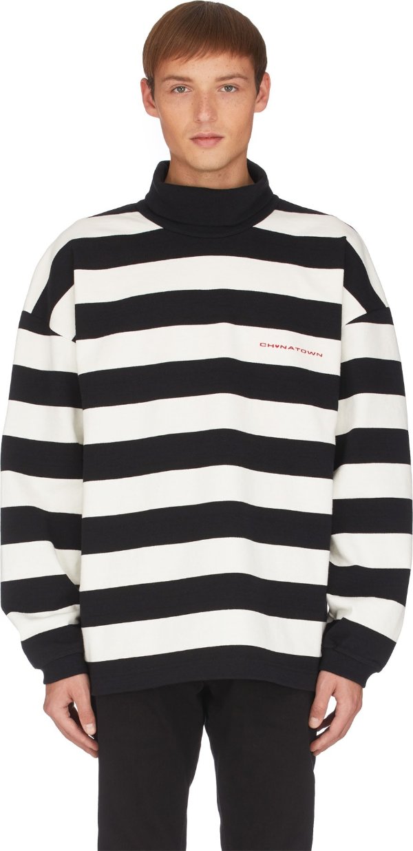 Chynatown Stripe Mock Neck Long Sleeve T-Shirt - Black/White