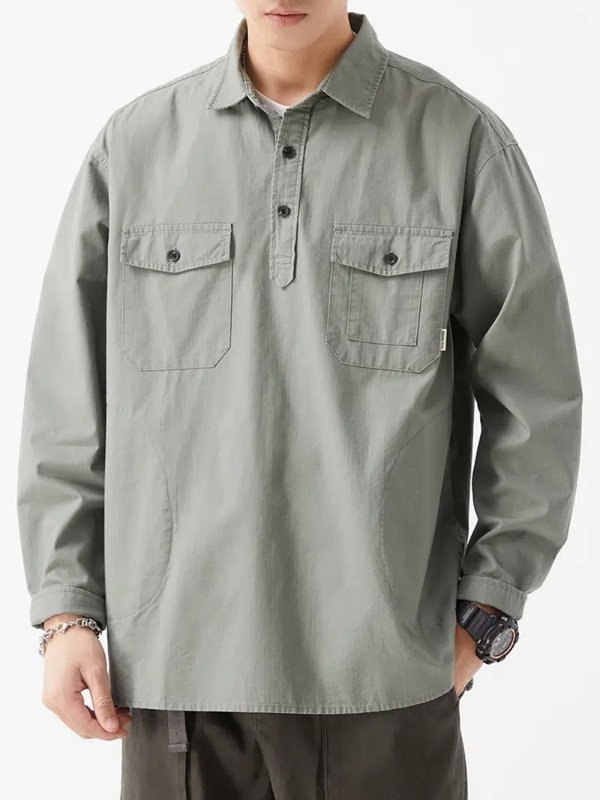 Men's Button Square Neck Solid Pullover Shirt