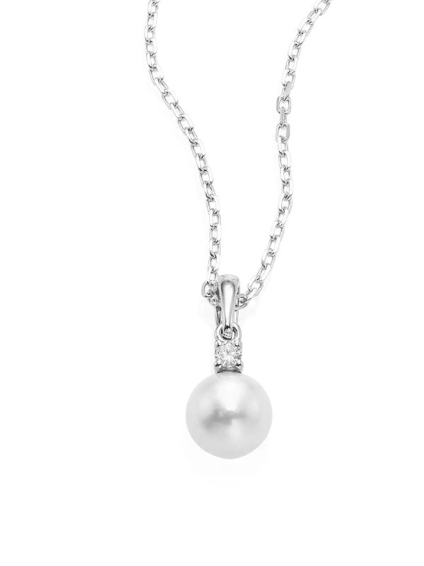 18K White Gold, 6MM White Cultured Akoya Pearl & Diamond Pendant Necklace
