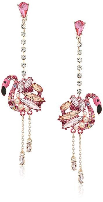 Womens Pink and Rose Gold Linear Drop Flamingo Earrings