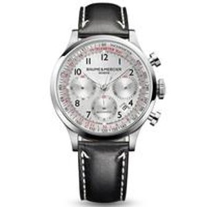 Baume and Mercier Capeland Silver Dial Chronograph Black Alligator Leather Men’s Watch 10046