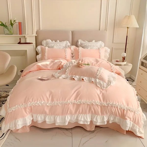 4pcs Skin-friendly Brushed Duvet Cover Set (1*Duvet Cover + 1*Flat Sheet + 2*Pillowcase, Without Core), Solid Color Princess Style Bedding Set With Double-layer Lace, Soft Comfortable Four Seasons Universal Duvet Cover, For Bedroom, Guest Room