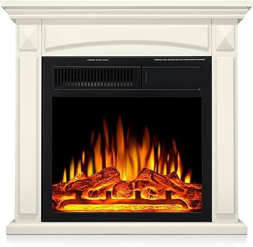 R.W.FLAME 27” White Electric Fireplace Mantel Wooden Surround Firebox,TV Stand with Freestanding Electric Fireplace,Remote Control, Adjustable Led Flame, 750W/1500w