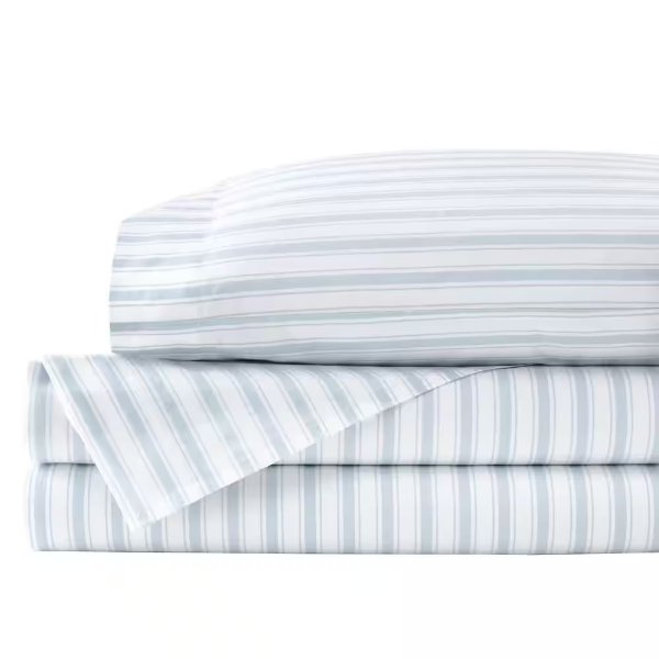Cotton Percale Crystal Bay Blue and White Stripe 4-Piece Full Sheet Set