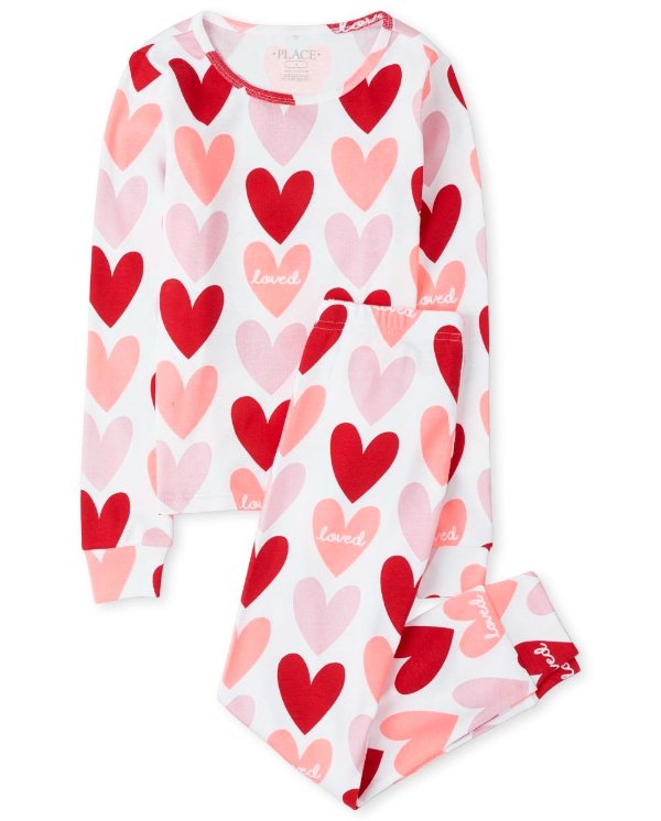 Girls Valentine's Day Long Sleeve Heart Print Snug Fit Cotton Pajamas