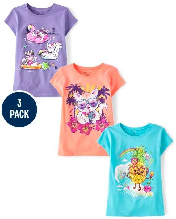 Girls Short Sleeve Summer Graphic Tee 3-Pack | The Children's Place - MULTI CLR