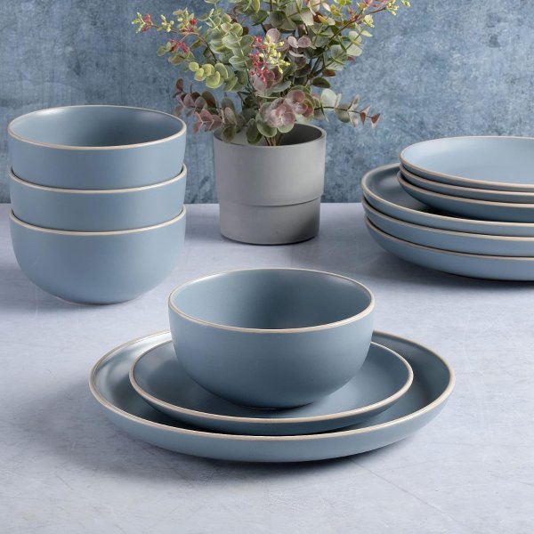Rockaway Round Stoneware Dinnerware Set, Service for 4 (12pcs), Blue