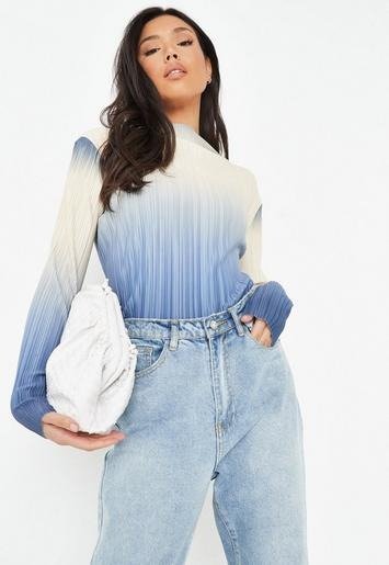 - Blue Co Ord Ombre Plisse High Neck Top
