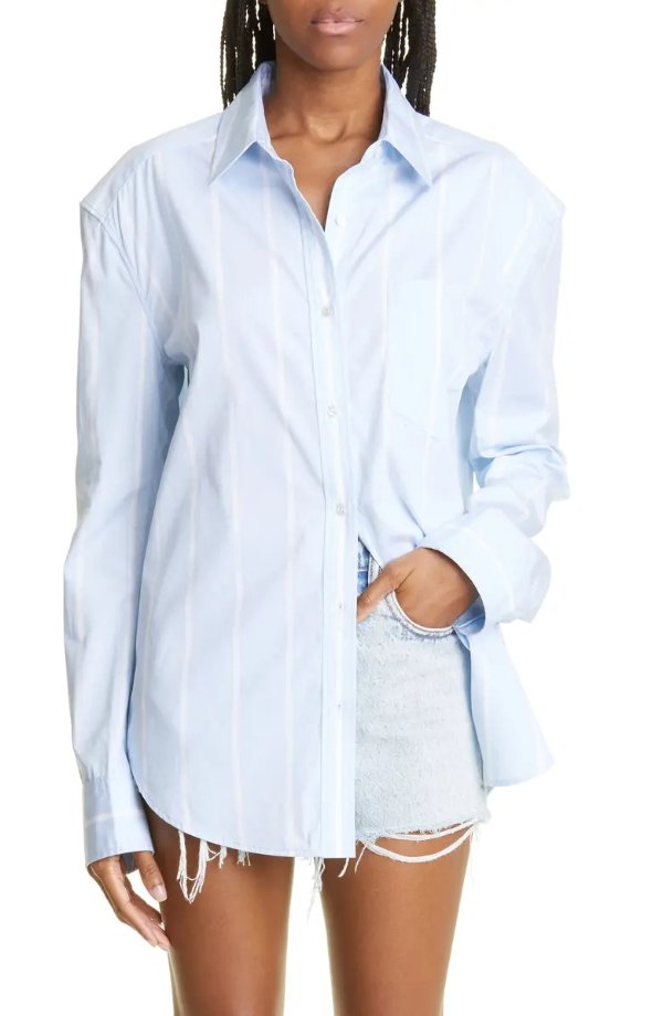 Oversize Stripe Cotton Oxford Button-Up Shirt