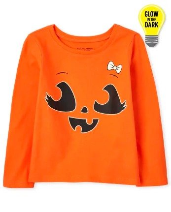 Baby and Toddler Girls Long Sleeve Glow In The Dark Halloween Pumpkin Bow Graphic Tee | The Children's Place - SQUASHORG