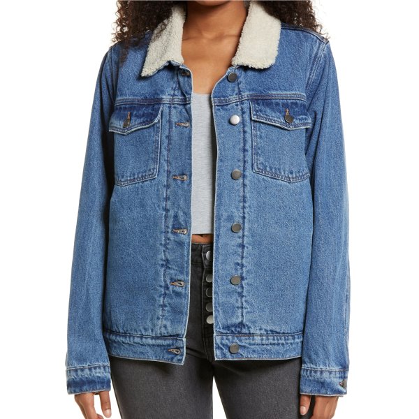 Denim Oversize Trucker Jacket with Faux Shearling Collar