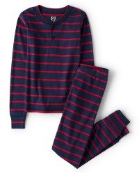 Unisex Kids Striped Henley Snug Fit Cotton Pajamas - ruby