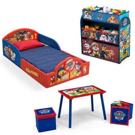 PAW Patrol 5-Piece Toddler Bedroom Set by Delta Children - Includes Toddler Bed, Table & Ottoman Set, Multi-Bin Toy Organizer