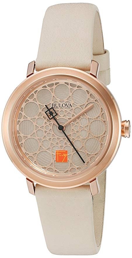 Women's Quartz Stainless Steel and Leather Dress Watch, Color:White (Model: 98L216)
