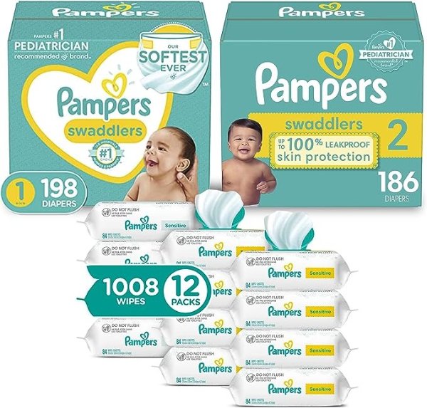 Baby Diapers and Wipes Starter Kit, Swaddlers Disposable Baby Diapers Sizes 1 (198 Count) & (186 Count) with Sensitive Water Based Baby Wipes 12X Multi Pack Pop-Top and Refill (1008 Count)
