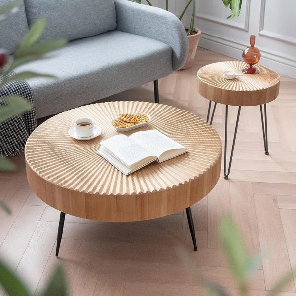 Aburto 2-Piece Modern Farmhouse Living Room Coffee Table Set, Nesting Table Round