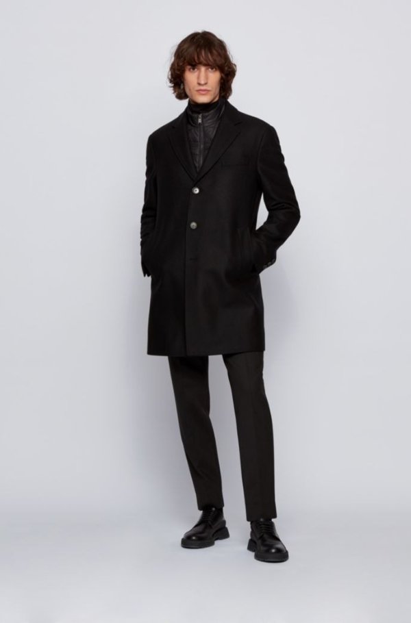 Slim-fit wool-blend coat with detachable inner bib