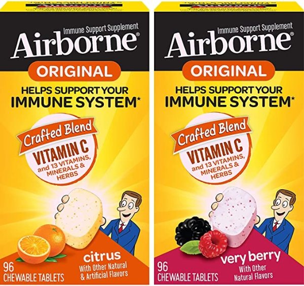 Vitamin C 1000mg - Airborne Berry Chewable Tablets, Immune Support Supplement and Vitamin C 1000mg - Airborne Citrus Chewable Tablets, 96 Count