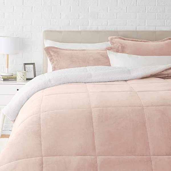 Ultra-Soft Micromink Sherpa Comforter Bed Set, King, Blush - 3-Piece