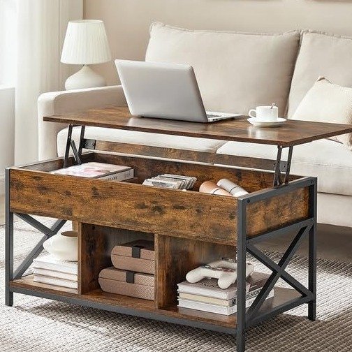 Lift Top Coffee Table for Living Room, Industrial Coffee Table with Hidden Compartments and Storage Shelf, Steel Frame, 19.7 x 39.4 x (19.3-24.4) Inches, Rustic Brown and Black ULCT202B01