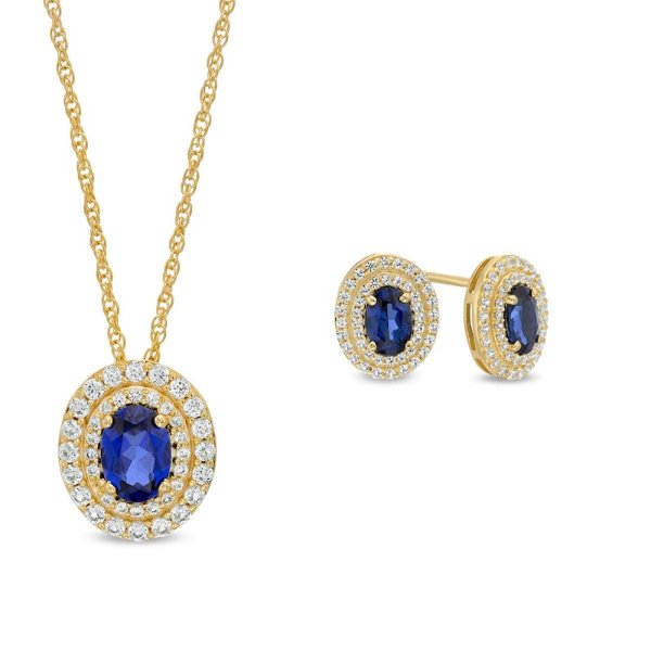 Oval Blue and White Lab-Created Sapphire Double Frame Pendant and Stud Earrings Set in 14K Gold Over Silver|Zales