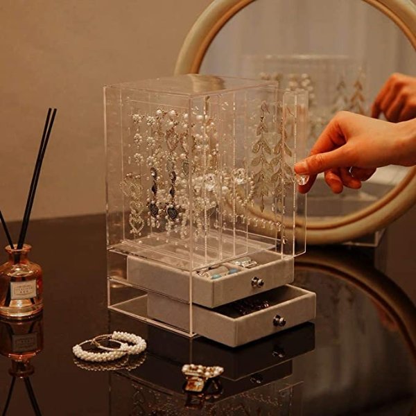 Cq acrylic Jewelry Box and Earring Holder Jewelry Hanging Organizer,Pull-Type dustproof Acrylic Earring Screen Display Stand Hanging Earrings Bracelets Necklaces Pack of 1